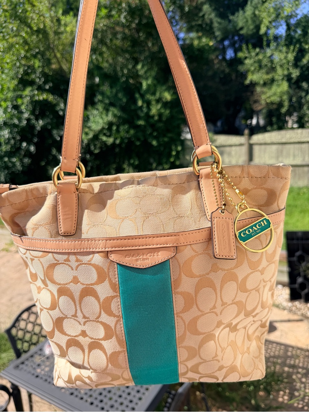 Coach Beige Signature Tote with Teal Center Stripe - Coach